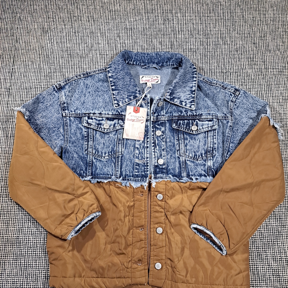 Stoosh Women's Two-Tone Denim & Quilted Jacket - Blue and Camel Size S